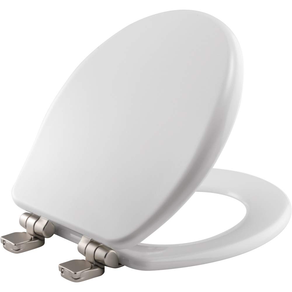 Bemis 9170NSLA 000 Alesio Toilet Seat with Brushed Nickel Hinges will Slow Close, Never Loosen and Provide the Perfect Fit, ROUND, High Density Enameled Wood, White