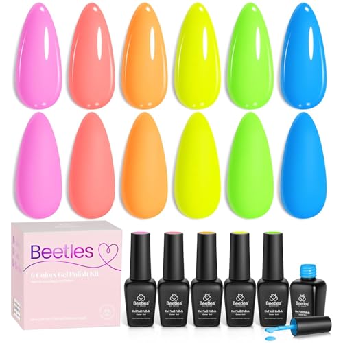 beetles Gel Nail Polish Set, Bright Rainbow Collection 6 Colours Hot Pink Blue Yellow Green Soak Off UV Neon Gel Manicure Kit Gift for Women