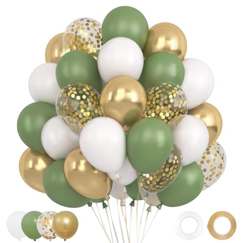 Globos Verdes - 62 Piezas 12 Pulgadas Globos de Cumpleaños con Globos Blancos Verdes Dorados y Confeti, Helio Balloons para Decoracion Cumpleaños,Decoración Baby Shower Niño, Decoracion Fiesta
