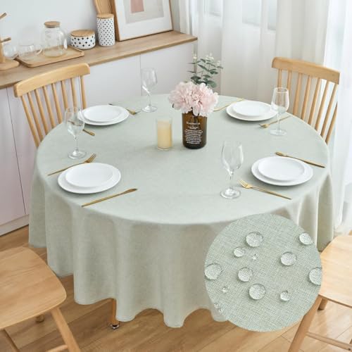 Image of SPRICA Round Imitation Linen Tablecloth 160cm Water-Resistant, Light Green