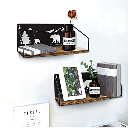 Giftgarden Floating Shelves For Wall With Unique Adorable Bears Cutouts, Rustic Wooden Iron Wall Shelf Decor For Bathroom Cabin Lodge Bedroom Kitchen Living Room Nursery, Black, Set Of 2 #TOP6