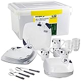 ✅ DEIN LIEFERUMFANG: 4 x Ø 25 cm (Teller), 4 x Ø 20 cm (Dessertteller), 4 x Ø 23 cm (Tiefe Teller; Suppenteller), 4 x (Henkelbecher), 4 x (Glas), 16 x (Besteck), Box - Für vier Personen in weiss-blau-schwarz