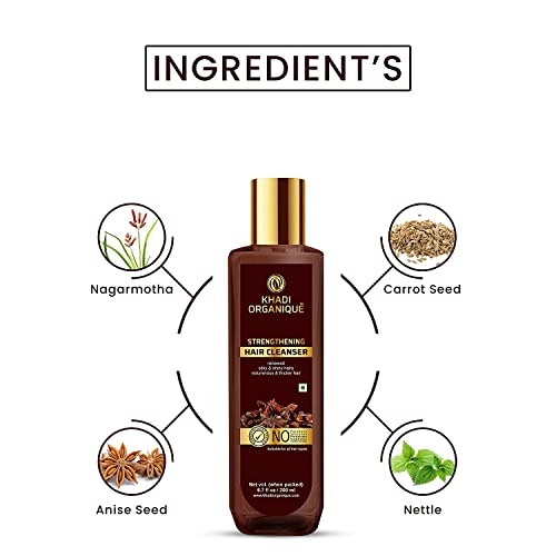 Image of Khadi Organique Strengthening Shampoo | Anti-Dandruff Cleanser | Nourish Hair Follicles, Reduce Frizz & Promotes Hair Growth | SLS & Paraben Free | For Strong, Shiny & Healthy Hair - 200ml (Pack of 1)