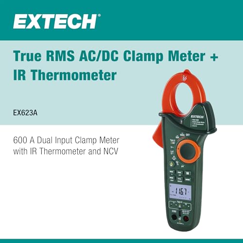 Image of Extech EX623A 600A AC /DC Clamp Meter with IR and Dual Type K | True RMS, NCV, built-in IR thermometer, T1 /T2 differential, LoZ, low pass filter, inrush, DC uA