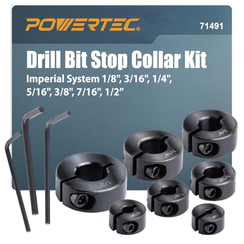 Image of POWERTEC Drill Bit Stop Collar Set, 7 Piece Set Adjustable Drill Bit Depth Stopper with Allen Wrench, Bits Stop with Imperial System Size Markings - 1/8", 3/16", 1/4", 5/16", 3/8", 7/16", 1/2” (71491)