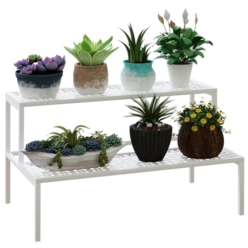 aboxoo Metal Plant Stand Metal 2 Tier Potted Multiple Flower Pot Holder Plant Shelf Indoor Plants Multiple,Outdoor Heavy Duty Planter Display Shelving Unit for Patio Garden Corner Balcony,Living Room(White)
