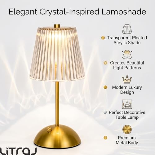 Image of Cordless LED Table Lamp with Touch Control | 3-Level Dimmable Light | Crystal Acrylic | Portable USB Charging Metal Bedside Desk Lamp for Bedroom, Living Room, Office & Home Decor (Golden)