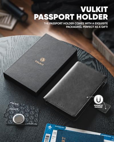 Image of VULKIT Passport Wallet Compatible with Airtag Holder RFID Blocking Bifold Travel Card Holder, Dark Grey, Small, Minimalist