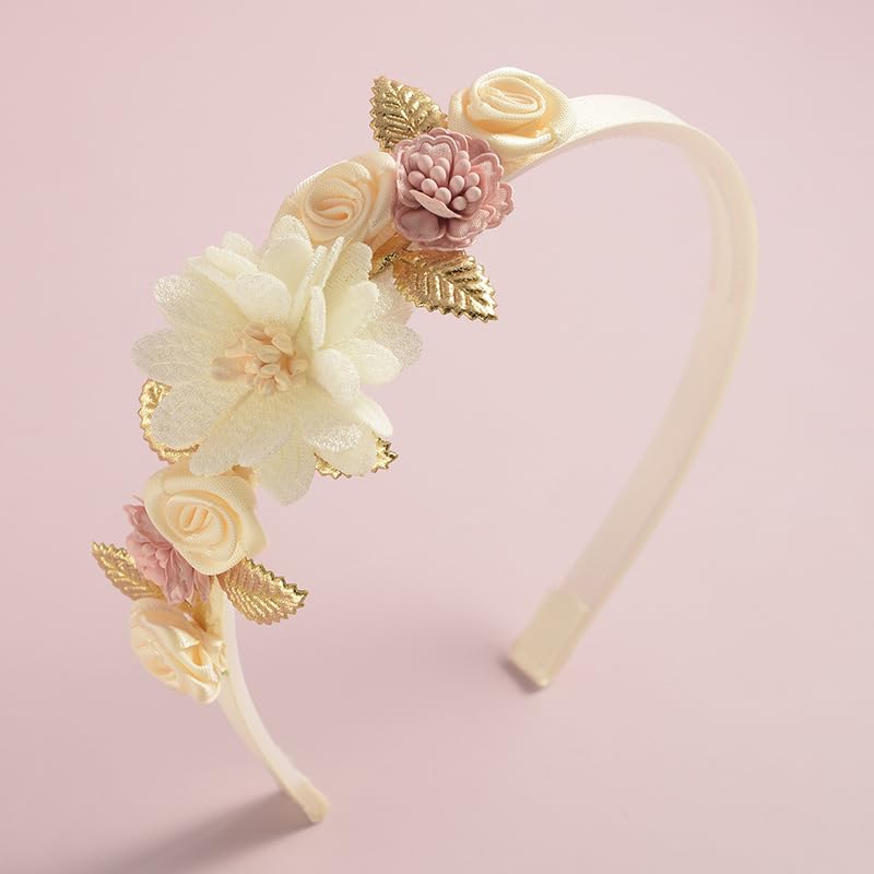 Elegant Chiffon Flower Headband with Pearl Design Handmade Pink White Rose Floral Feather Hair Band Bridal Wedding Prom Party Hair Accessories for Women (Style 1, Elastic) - Image 7