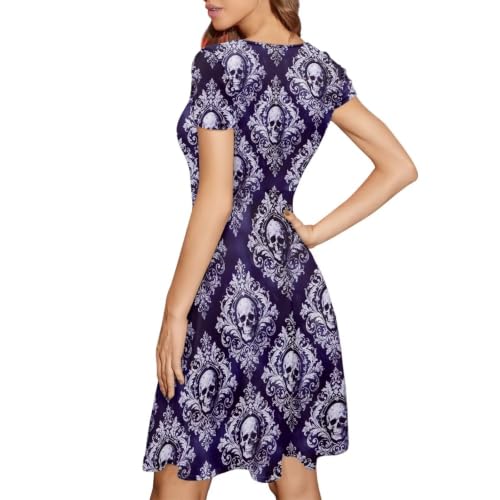 Image of POLERO Women Puffy Swing Elegant Party Midi Dresses Short Sleeve Round Neck A-Line Dress