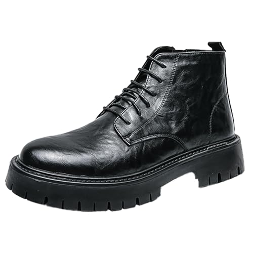 Men'S Leather Platform Chunky Low Heel Oxford Chukka Boots With Side Zipper Vintage Round Toe Lug Sole Non-Slip Lace-Up Business Dress Ankle Boots Casual Combat Boots For Work Office