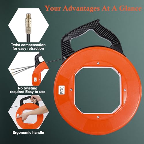 Electrical Fish Tape, Hancaner Fish Tape Wire Puller 100FT x 4mm, Fiberglass Wire Puller 6 Adapters Pull Wire, with Shatterproof Cable Retractable Spring, Max.Tensile Strength 120KG - Thumbnail 5