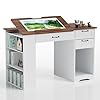 AeasyG Table de Dessin Ajustable Certifiée E1 – 60×120×76cm, 3 Tiroirs + 3 Étagères, Anti-pincement, Blanc pour Artisanat/Familial/Couture