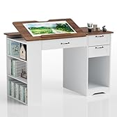 AeasyG Table de Dessin Ajustable Certifiée E1 – 60×120×76cm, 3 Tiroirs + 3 Étagères, Anti-pincement, Blanc pour Artisanat/Familial/Couture