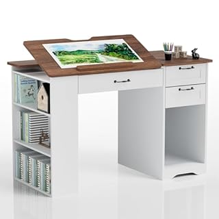 AeasyG Table de Dessin Ajustable Certifiée E1 – 60×120×76cm, 3 Tiroirs + 3 Étagères, Anti-pincement, Blanc pour Artisanat/Familial/Couture