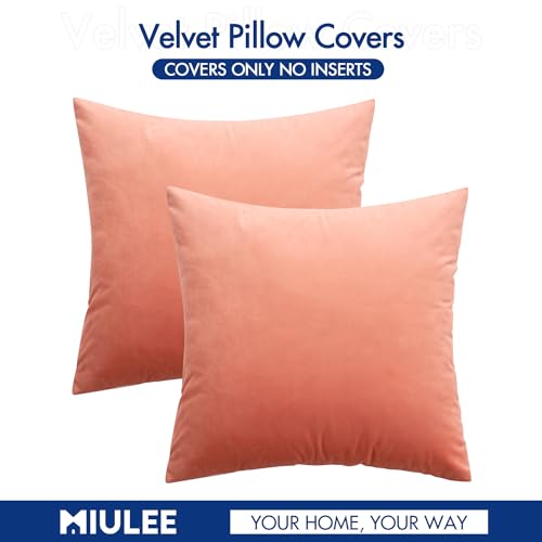 Image of MIULEE Pack of 2, Velvet Soft Solid Decorative Square Throw Pillow Covers Set Cushion Cases Pillowcases for Sofa Bedroom 18x18 Inch Coral Red
