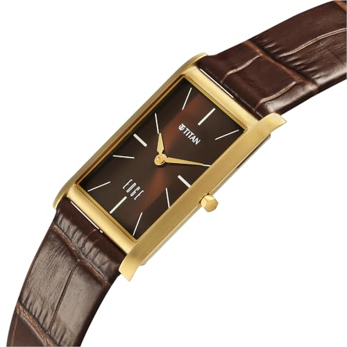Image of EDGE Titan Monture Quartz Analog with Brown Dial Gold Leather Strap Watch for Men - 1043YL10