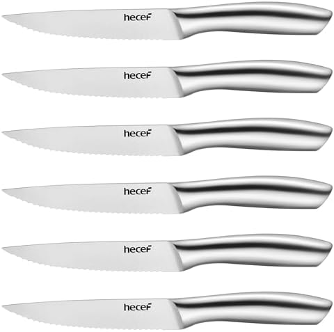 hecef Steakmesser Set 6-teilig, Edelstahl mit Wellenschliff, 12,7cm, silber | Leichte Hohlgriffe, spülmaschinengeeignet, komfortable Handhabung für Steakabende, Familienessen und G