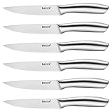 hecef cuchillos carne, juego de 6 piezas cuchillos de mesa afilados con filo serrado y mango hueco ergonómico, Cubiertos pequeños de acero inoxidable para bistec y pan, hoja de 12,7 cm, plata