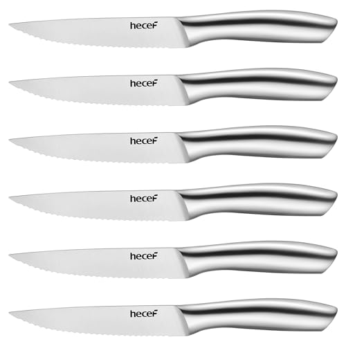 hecef cuchillos carne, juego de 6 piezas cuchillos de mesa afilados con filo serrado y mango hueco ergonómico, Cubiertos pequeños de acero inoxidable para bistec y pan, hoja de 12,7 cm, plata