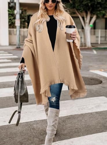 Image of Bestshe Women's Boho Open Front Poncho Plaid Shawl Wrap Cape | Tassel Cardigan Sweater, Cozy Layering, Fall Winter Clothes for Women