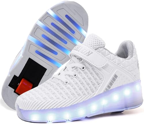 Ylllu Kids LED USB Charging Roller Skate Shoes with Single Wheel, Light Up Roller Shoes Rechargeable Roller Sneakers for Girls Boys Children (13 US Little Kid, White)