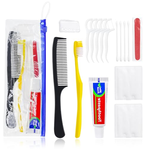 Xuezoioy Personal Hygiene Kit Bulk Pack of 10,Yellow Disposable Toothbrushes with Toothpaste Floss Comb Cover and Hotel Vanity Set Basic Travel Toiletry Kit Supplies for Homeless,Charity,Guests
