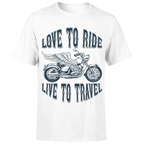 Image of ATTAR APPAREL Biker T-Shirt Motorbike Motorcycle Racer Mens Father's Day Funny Skull #Or#P1#A Love to Ride Live to Travel - White 3XL