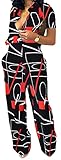 Xinlees Women's Casual Jumpsuits V Neck Short Sleeve Red Black and White Printed Elegant Buckle Rompers Straight Club Outfits With Pockets Belt(Red Black,Large)