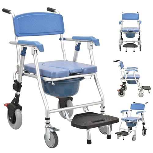 Foldable Shower Chair with Wheels, Waterproof Toilet Chair Commode Chair, 3-in-1 Folding Shower Chair with Wheels, Foldable Wheeled Commode Toilet