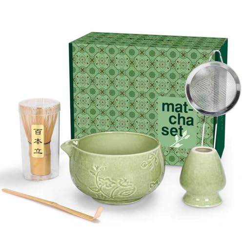 TEGAJA Matcha Whisk Set, Ceramic Matcha Set Includes Matcha Bowl, Matcha Whisk and Holder, Bamboo Scoop, Sifter 5 Pcs Matcha Kit for Matcha Lovers (Mottled Green)
