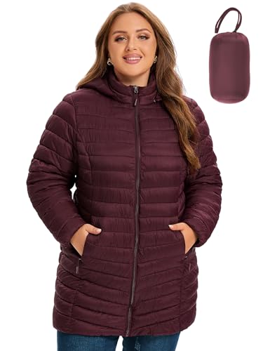 SLOW DOWN Womens Plus Size Lightweight Puffer Jacket, Womens Packable Winter Jacket, Womens Puffy Jacket with Detachable Hood, Wine, 5X-Large
