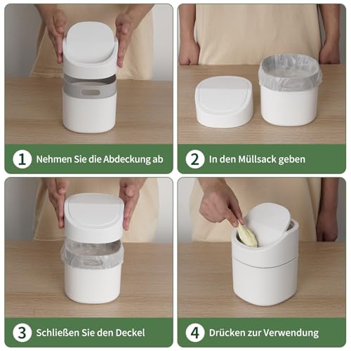 JOYFIER Mini tischmülleimer 2L mit Müllsäcken 180 Stück, tischabfalleimer mit deckel für Den Waschtisch Küche Badezimmer Büro Schreibtisch (Weiß)