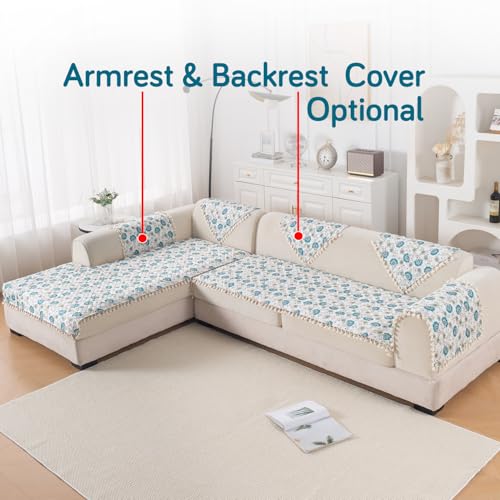 Image of HOKIPO Cerulean Bloom L Shape (3+2 Seater) Sofa Seat Mat with Tassel| Quilted Sofa Cover Mat, 'Tassel Twigs' Series (IN-984-T6 + IN-986-T6)