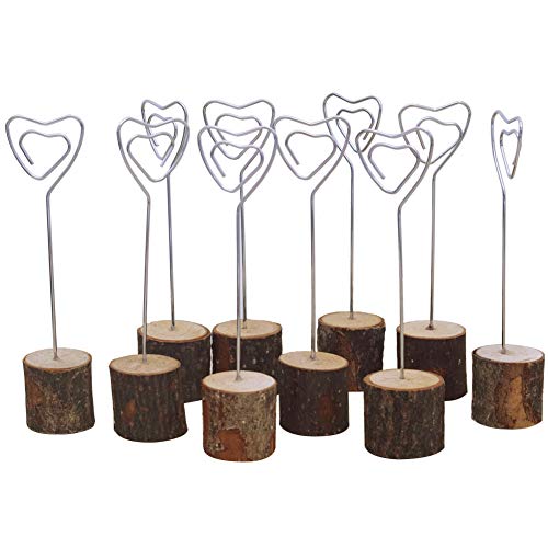 Card Clip Holders with Wood Base and Iron Wire, 6'' Tall Sign Photo Memo Clip Holder Stand Set, for Party, Wedding Ceremony, Fair, Demonstration, Home Decorations, Resturant, 10pcs (Heart Shape)