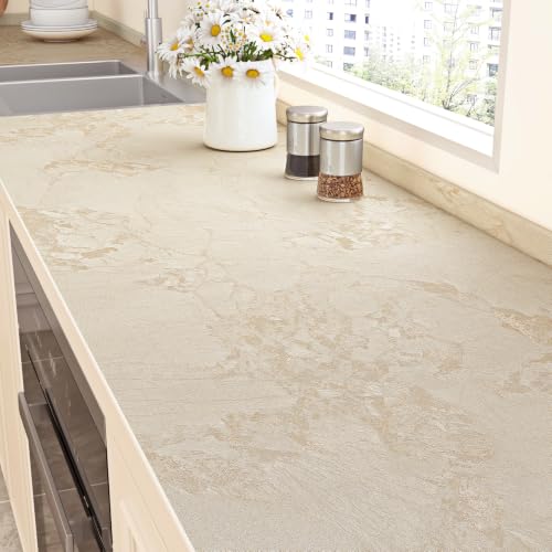 ReWallpaper Marble Countertop Peel and Stick Waterproof Beige and Gold Marble Wallpaper Matte Textured Vinyl Wrap Removable Contact Paper for Kitchen Cabinets Shelves Table Desk Bathroom 15.8in x 10ft