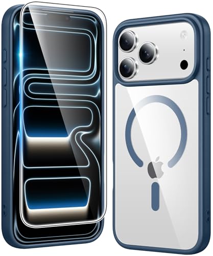 Image of FNTCASE for iPhone 17 Pro-Max Case: Clear Magnetic Phone Cases with Screen Protector Compatible with Magsafe Slim Anti Yellowing Rugged Shockproof Protective Transparent Cell Phone Cover (B-Blue)