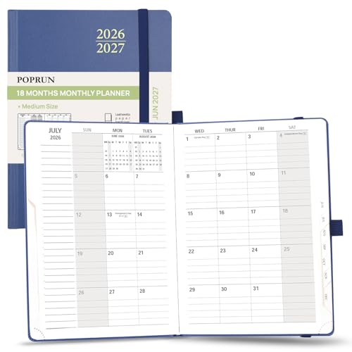 POPRUN Monthly Planner 2026-2027, Medium-6.25'' x 8.5'', 18-Month Calendar Book (Jan.26 - Jun.27), Calendar Planner with Monthly Tabs, Storage Pocket, Hardcover, 100 GSM Paper - Navy Blue