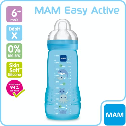 MAM Easy Active Babyflasche, 330 ml – 6+ Monate – X-Durchfluss-Sauger, ultraschnelle Geschwindigkeit, Blau – Bild 3