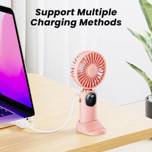 Image of coldSky Desk Fan, Portable Handheld Fan, 4000mAh Battery Operated With LED Display, 3 in 1 Personal Small Handheld Neck Desk, 90 Foldable With Base, 5 Speed (Pink)
