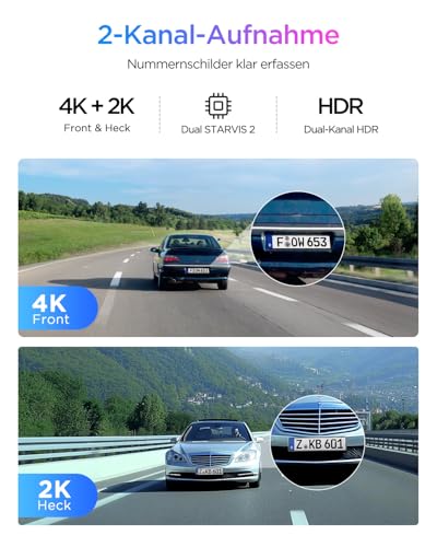 VIOFO A329S 2CH 4K 60FPS Dashcam vorne hinten, 4K + 2K Dual Dashcam Auto, Upgraded Energiespar-Parkmodus, Wi-Fi 6 u. App Steuerung, Dual STARVIS 2 Autokamera, Nachtsicht/HDR 2.0, optional 4 TB SSD