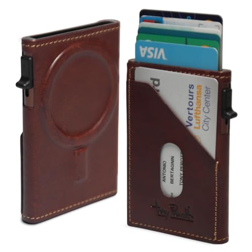 Tony Perotti Italian Leather MagSafe Wallet Card Holder - RFID Blocking, Eco-Friendly Vegetable-Tanned Leather, Quick Access Pop-Up Card Slider, Fits 7 Cards, iPhone Mag Safe Wallet Men