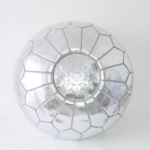 Silver Moroccan Leather Pouf Handcrafted Leather Ottoman
