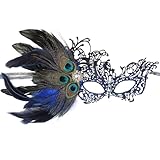 Zinniday Blue Masquerade Masks for Women - 1920s Vintage Peacock Feather Mask with Royal Blue Rhinestone Venetian Eyemask for Woman Couples Mardi Gras Costumes Dress Party Wedding Renaissance