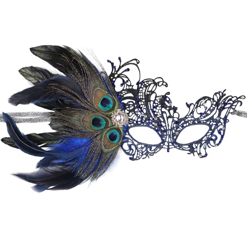 Zinniday Blue Masquerade Masks for Women - 1920s Vintage Peacock Feather Mask with Royal Blue Rhinestone Venetian Eyemask for Woman Couples Carnival Costumes Dress Party Wedding Renaissance
