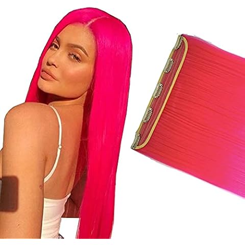 iLUU Clip in Pink Hair Extensions 24" 100g Long Straight Thick Synthetic Hair Pieces Smooth Pink Hairpiece Synthetic Hair Extension 5 Clips ins for Women Cosplay 8C# Cover