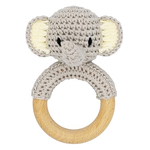 Image of Joliecraft Safari Animals Wooden Baby Rattle Toys Stuffed Crochet Rattle with Teether Ring for Newborn, Gray Elephant
