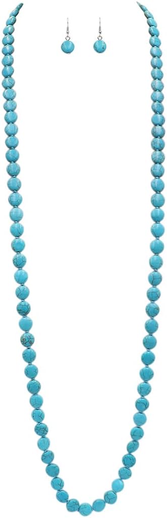 Rosemarie & Jubalee Women's Beautiful Western Inspired Turquoise Howlite Knotted 12mm Flat Bead Endless Necklace Strand And Dangle Earrings Set, 48"