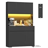 FirFurd Kitchen Cupboard 180cm Tall Cabinet Kitchen Sideboard Storage Cabinet with LED, Power Outlet, Adjustable Shelves, 2 Drawers, 6 Doors, Large Countertop 180x100x38.5 cm Black
