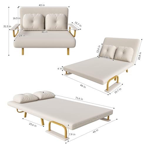 Image of Montary 5-in-1 Folding Sofa Bed for Two 71.6 inch Wide Convertible Chair with 5-Position Adjustable Backrest Pillow, Space-Saving Sleeper for Living Room Bedroom Office,White
